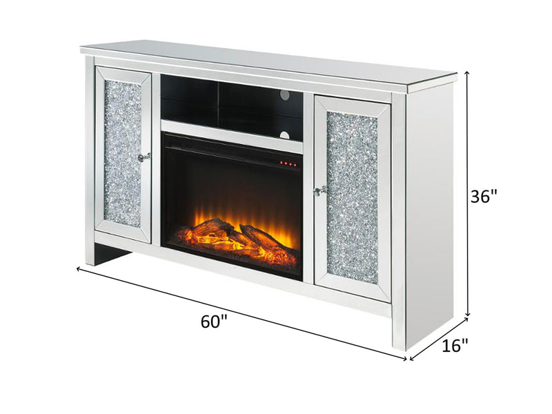 9582 Smart 60" Wide 2 Door Mirrored TV Stand With Electric Fireplace