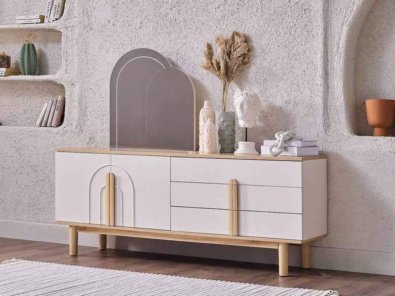 Boheems 78" Wide 2 Door 3 Drawer Buffet With Mirror