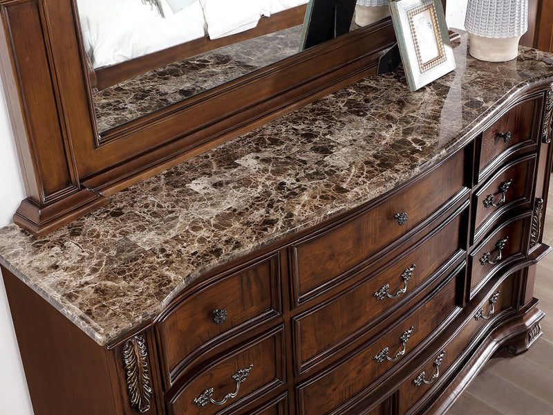 Esparanza 68" Wide 11 Drawer Genuine Marble Top Dresser With Mirror
