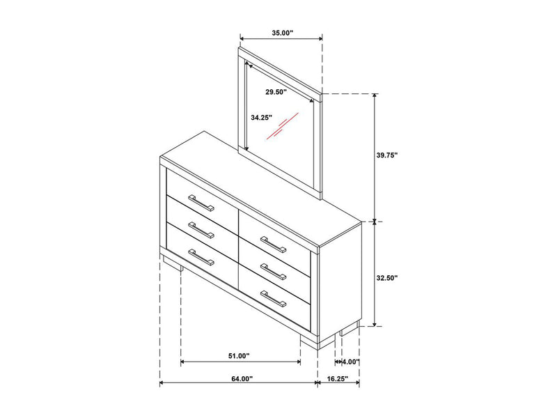 Jessica 64" Wide 6 Drawer Dresser With Mirror