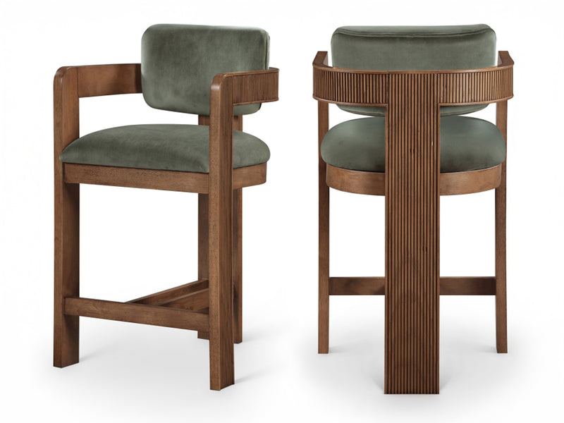 Sacha 20.5" Wide Walnut Frame Velvet Bar Stool (Set of 2)