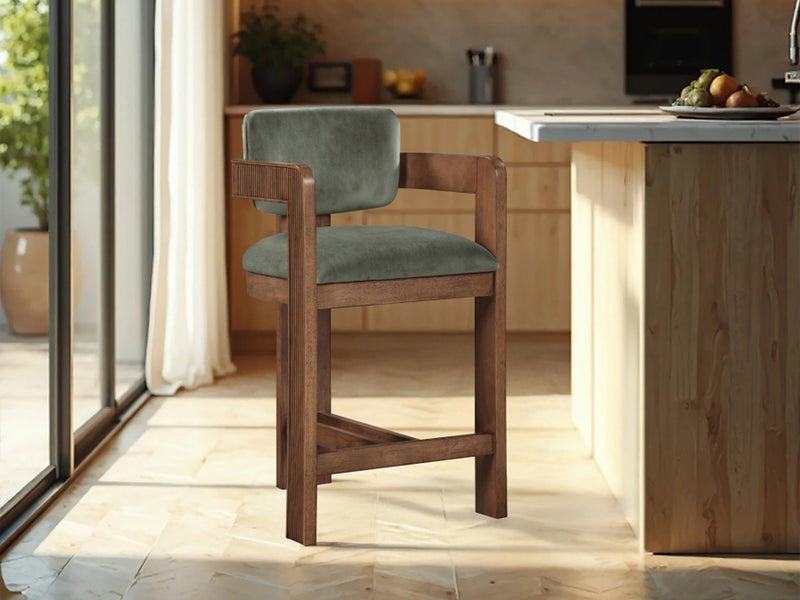 Sacha 20.5" Wide Walnut Frame Velvet Bar Stool (Set of 2)